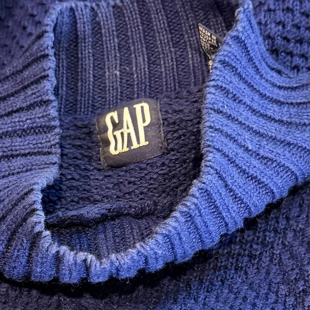 VTG GAP Navy Blue Chunky Knit‎ Mock Neck Cable Sweater L 90s Fisherman Old Money